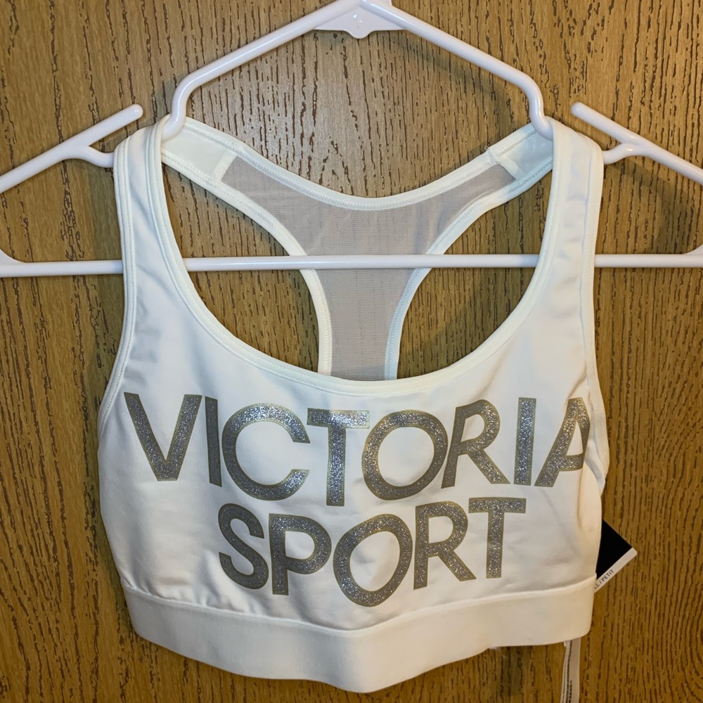 Victoria’s Secret Sport white Sports Bra with glitter logo and mesh back size S